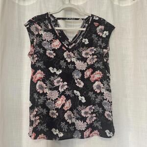 DR2 Women Black Floral Cap Sleeve Blouse Top Polyester Size L